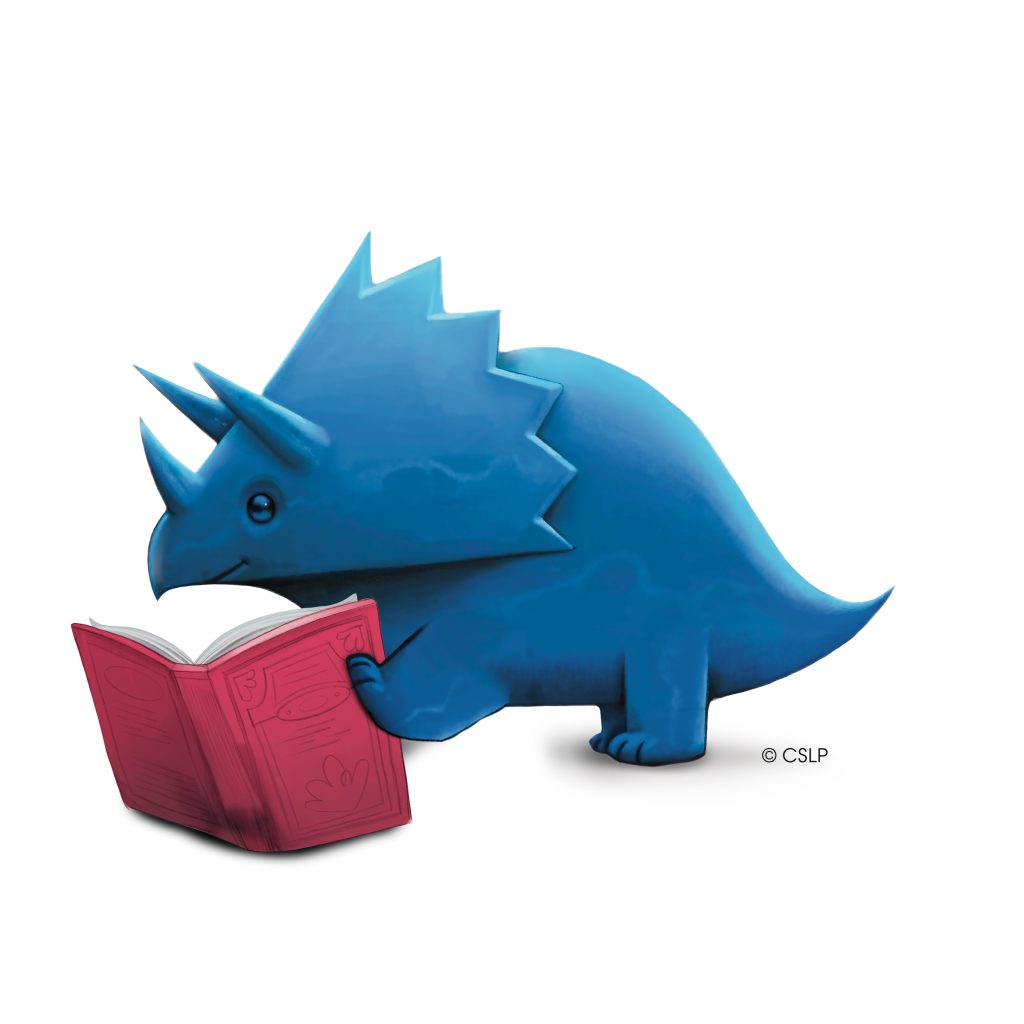 A Blue triceritops reading a book. Image for Summer Reading 2026.