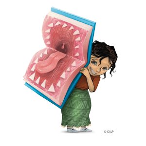 Young girl holding up an open book that shows the inside of a dinosaur mouth. Image for Summer Reading 2026