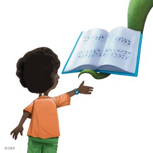 Young child taking a braile book from a dinosaurs tail. Image for Summer Reading 2026.