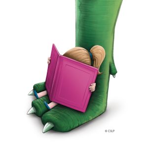 Girl reading a book sitting on a dinosaurs foot. Image for Summer Reading 2026.