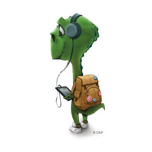 Dinosaur listening to an electronic tablet with a backpack. Image for Summer Reading 2026