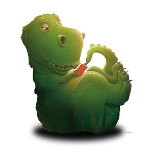T-Rex reading a book on his back. Image for Summer Reading 2026